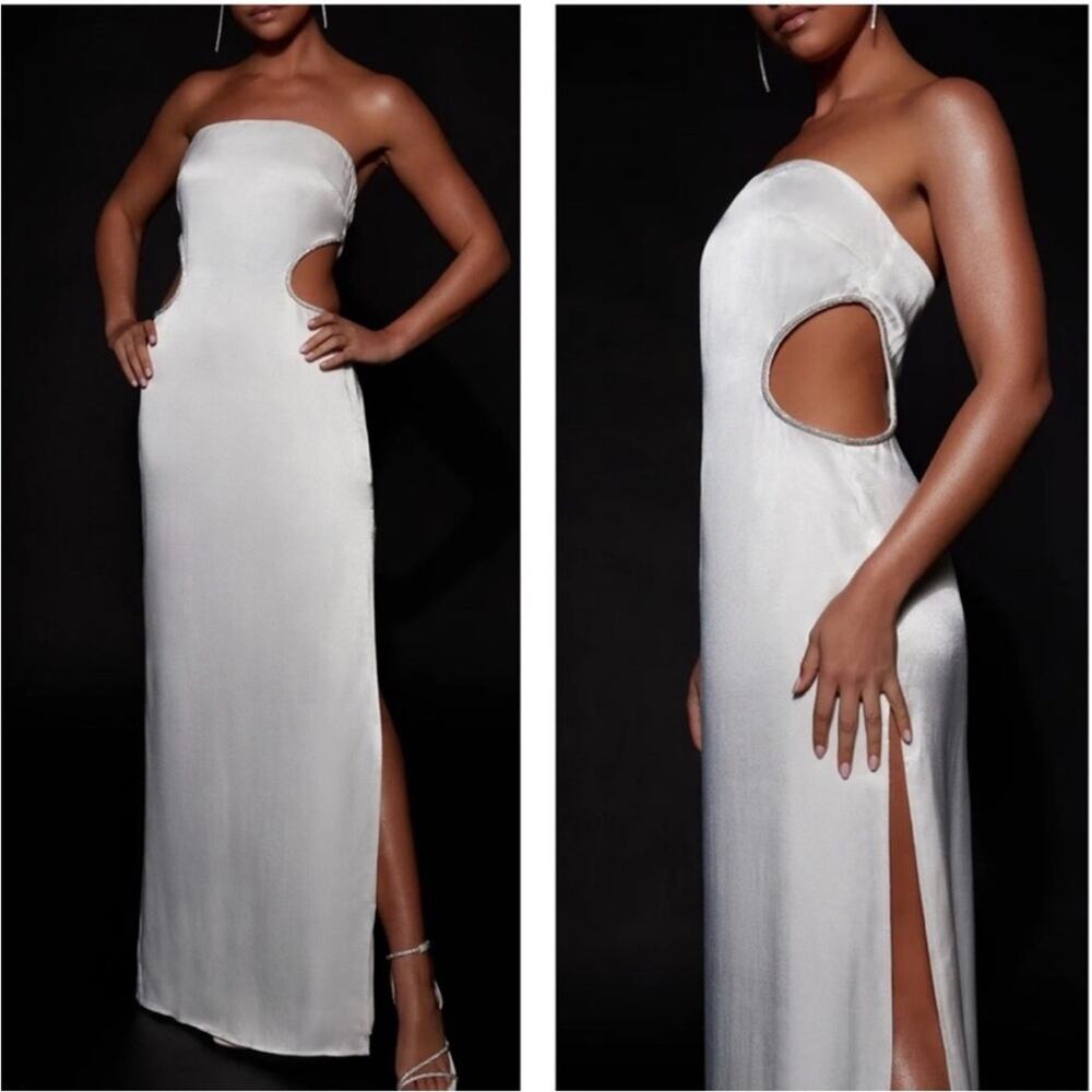 Meshki Lawry Diamante cut out white‎ strapless maxi dress size Medium NWT